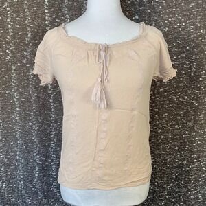 Iris Blush Pink Embroidered Peasant Top Boho Cottage Women's Small